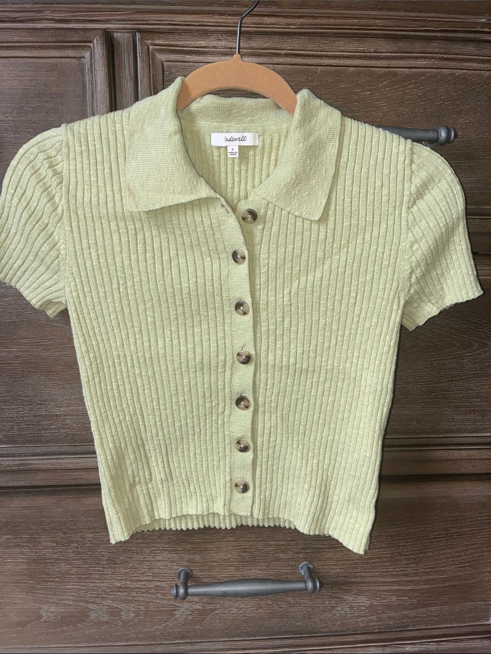 Madewell Light Sage Ribbed Button-Front Polo Top